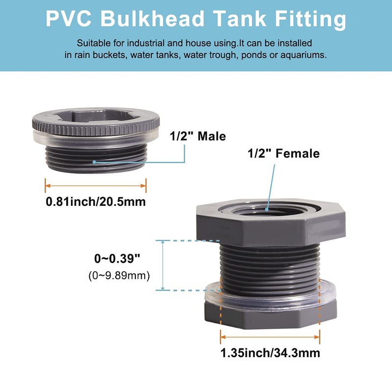 QuQuyi 1/2 Inch PVC Bulkhead Water Tank Connector Adapter Fitting with Plugs Thru-Bulk Pipe Fitting for Rain Barrels  Aquariums  Ponds(Set of 3) - Image 2